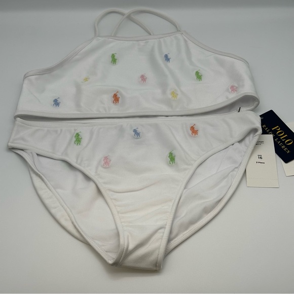 Polo Ralph Lauren Girls Watch Hill White 2 piece Swimsuit sz 16 Allover Pony NWT - Picture 1 of 10